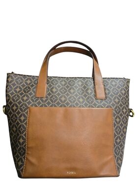 Fossil Brown and Tan Geometric Pattern Tote Crossbody Purse Bag